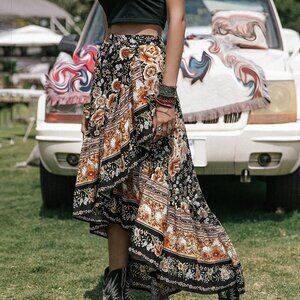 Multicolor Boho Bohemian Women's Random Flower Asymmetric Beach Skirt